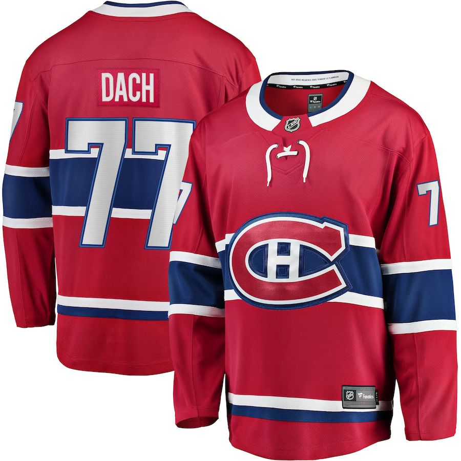 Men Montreal Canadiens 77 Kirby Dach Fanatics Branded Red Home Breakaway Player NHL Jersey